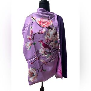 Purple Floral Bird Silk Wrap Scarf